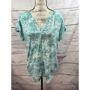L.L. Bean Women's Medium M Abstract Print Short Sleeve‎ V-Neck Top Blouse